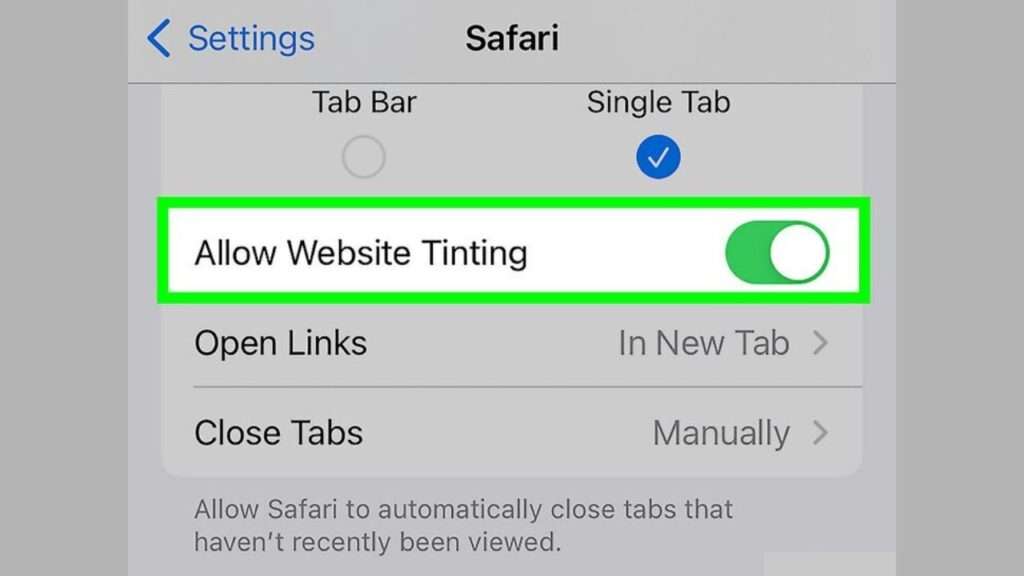 Find the toggle for “Allow Website Tinting”