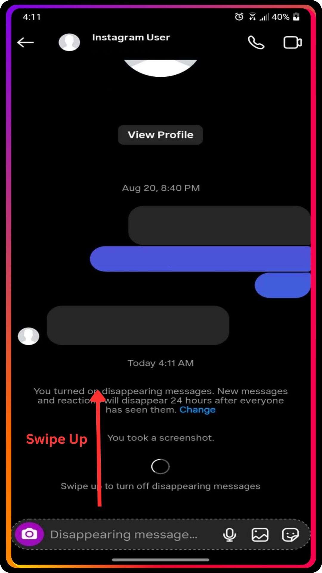 swipe up to turn off vanish mode on instagram